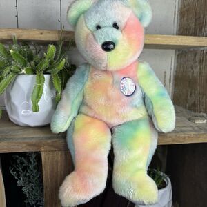 TY Beanie Buddy B.B. Bear Soft Plush Tye Dye 2000 Happy Birthday rainbow color